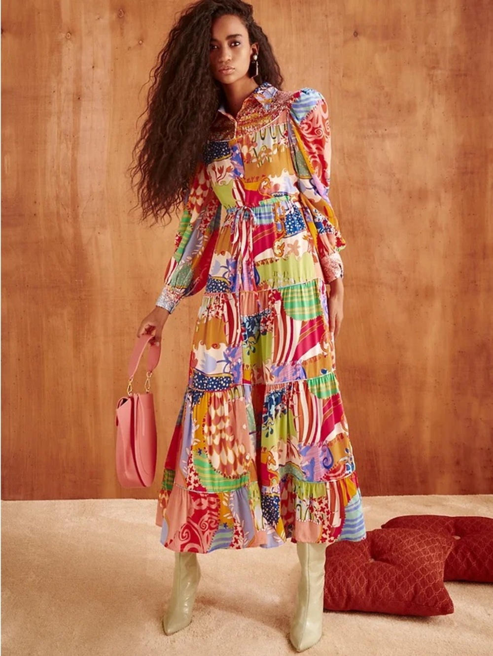 NWT CeliaB Toba Multicolor Patchwork Maxi Dress with Drawstring Waist